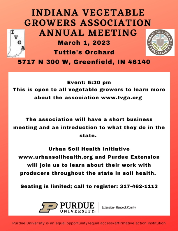 Indiana Vegetable Growers Association Annual Meeting, 5:30 p.m. March 1, 2023